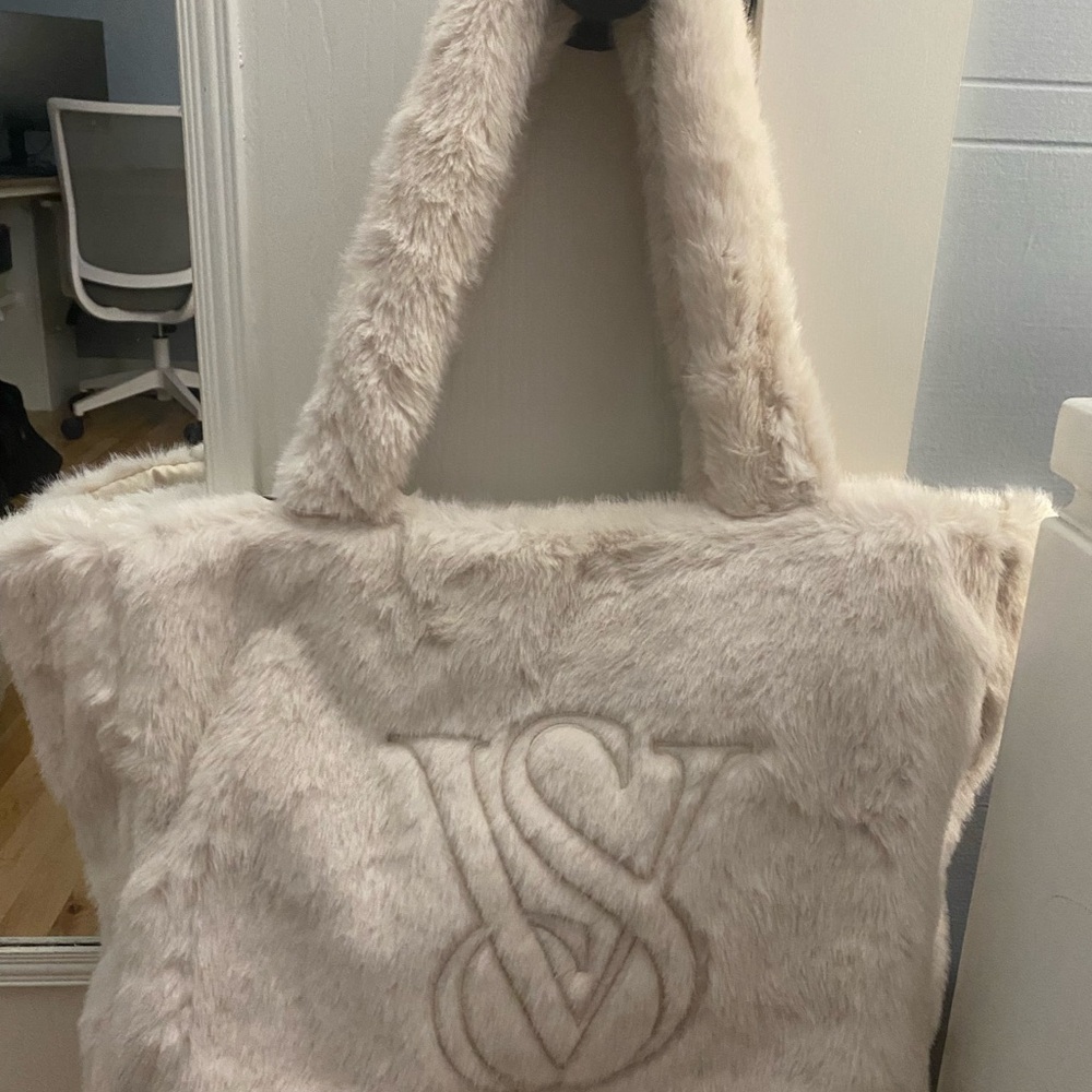 Victoria's Secret Plush Faux Fur Tote in Light Taupe